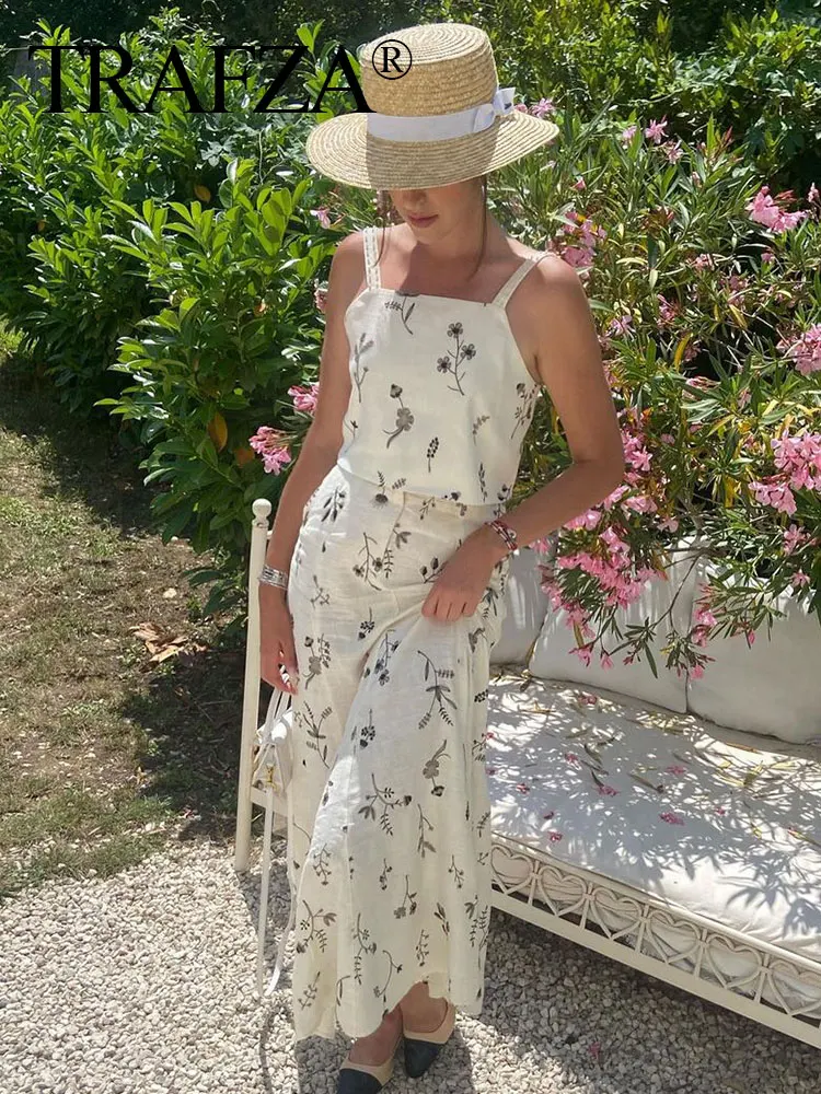 TRAFZA Women 2023 Summer Skirt Suits Printed Sleeveless Backless Crop Camis And Drawstring A-Line Skirt 2 Pieces Set For Women