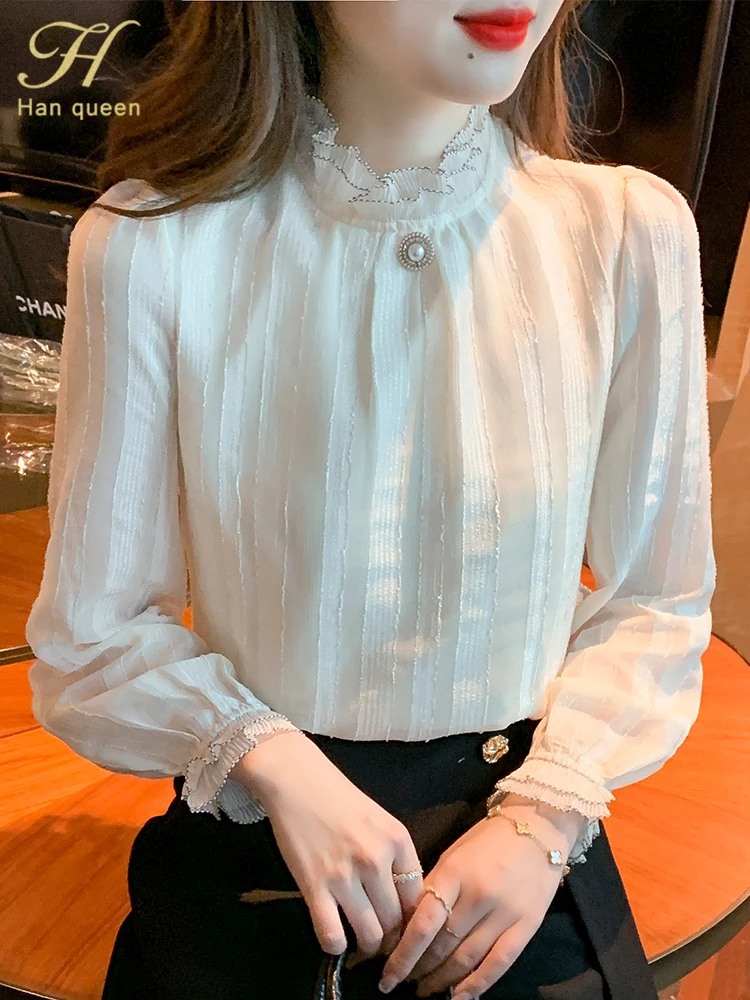

H Han Queen 2022 Autumn Blusas Office Vintage Tops Simple Basic New Elegant Chiffon Blouses Women Long Sleeve Loose Casual Shirt