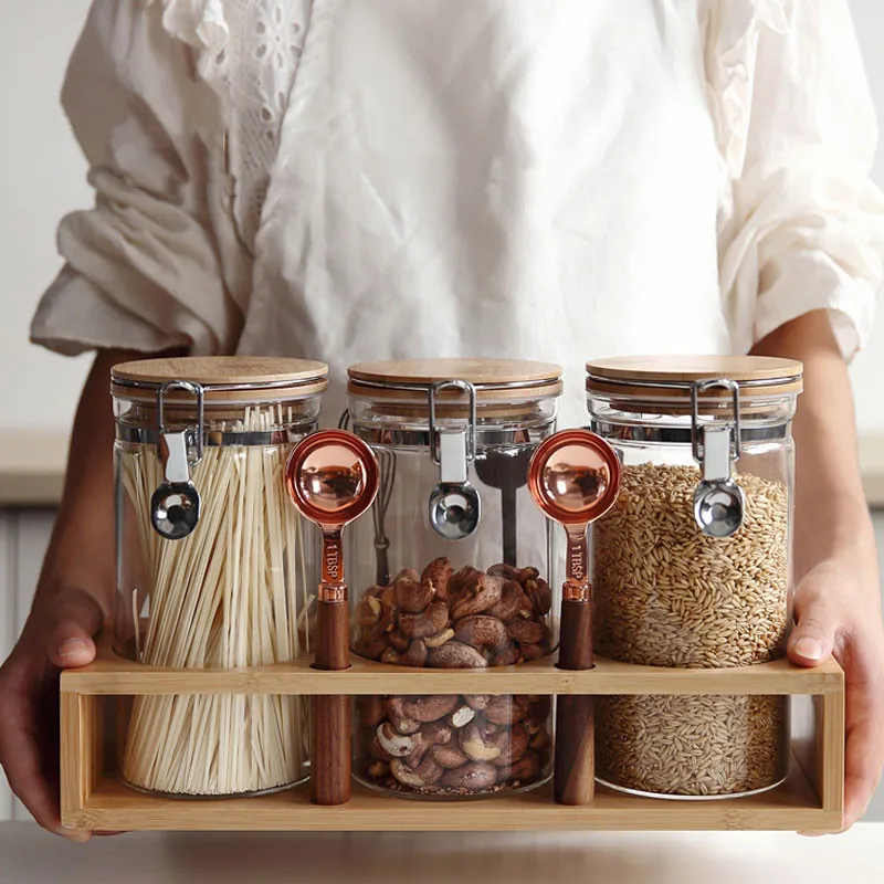 

Food Sealed Storage Jar Bamboo Lid Glass Storage Jar Stainless Steel Buckle Glass Bottle Coffee Bean Milk Powder Storage Tank
