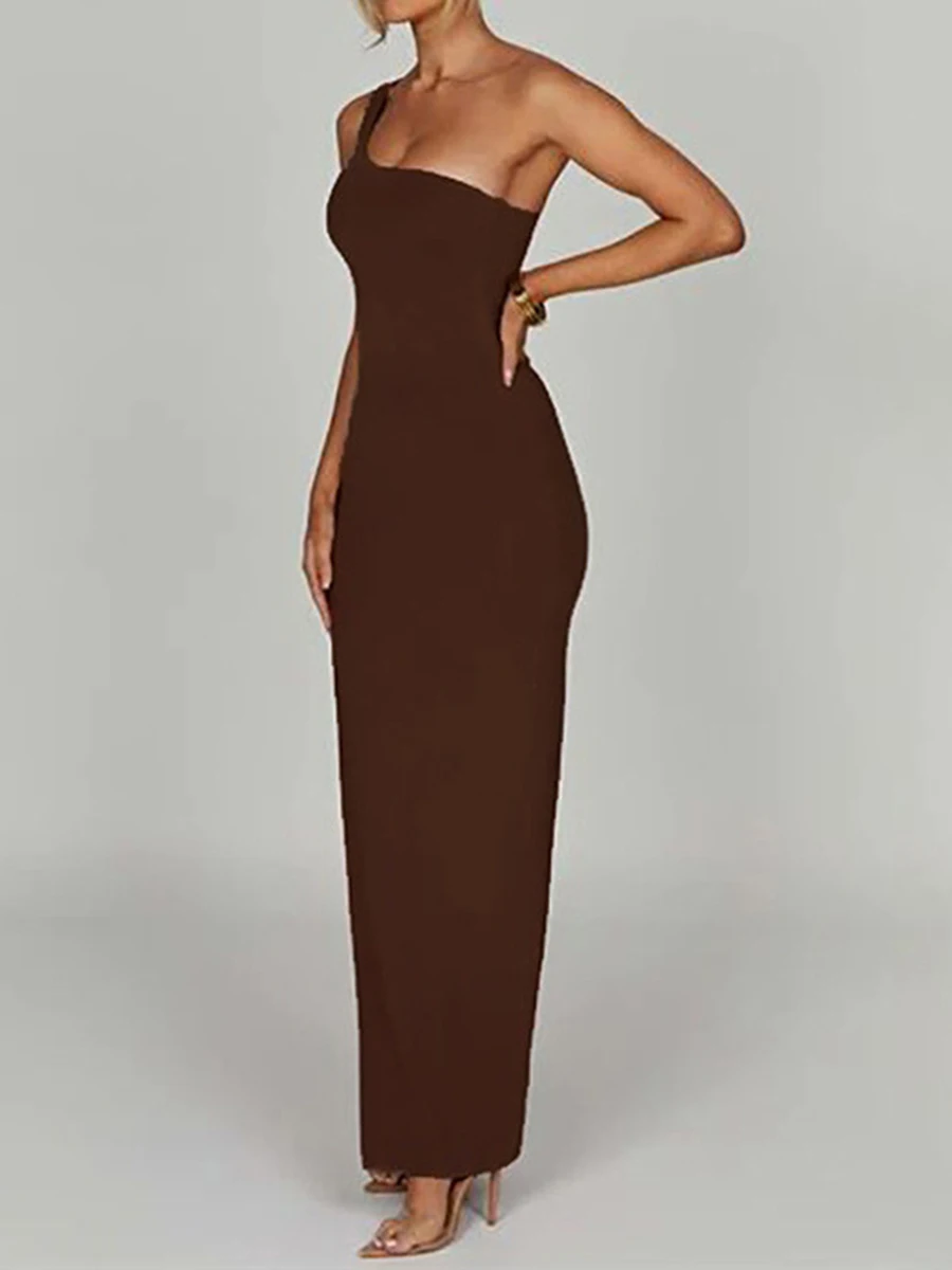 

Женское длинное облегающее платье Yoawdats s Y2K, однотонное платье без рукавов с одним открытым плечом, коктейльное платье макси с высоким разрезом