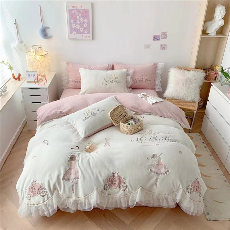 

Winter Shaggy Soft Velvet Fleece Dream Ballet Girl Embroidery Princess 4Pcs Bedding Set Lace Duvet Cover Bed Linen Pillowcases