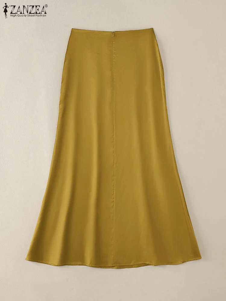 ZANZEA 2024 Elegant Women High Waist Satin Mid-calf Skirts Autumn Fashion Solid Party Office Faldas Saia Casual OL Work Skirt