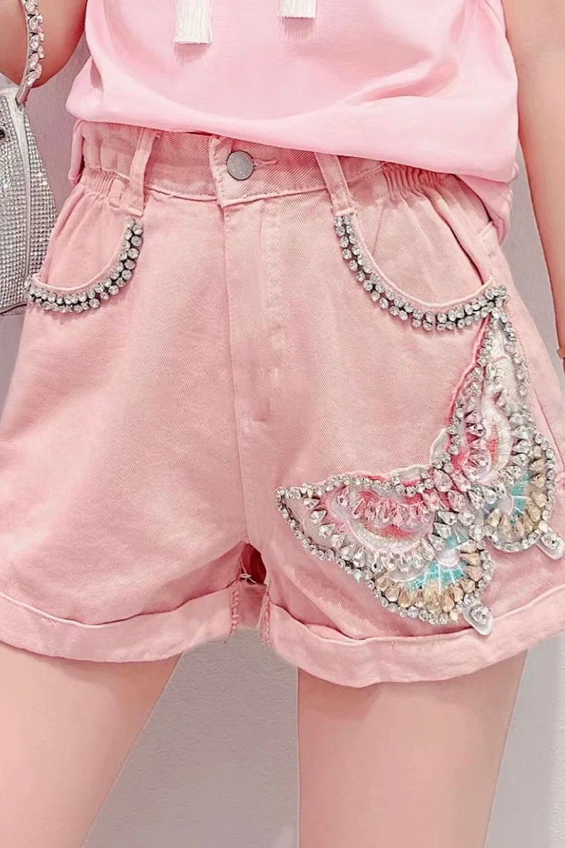 French Minority Exquisite Rhinestone Butterfly Denim Shorts Female Summer New Loose Slimming A-line Versatile Wide Leg Hot Pants