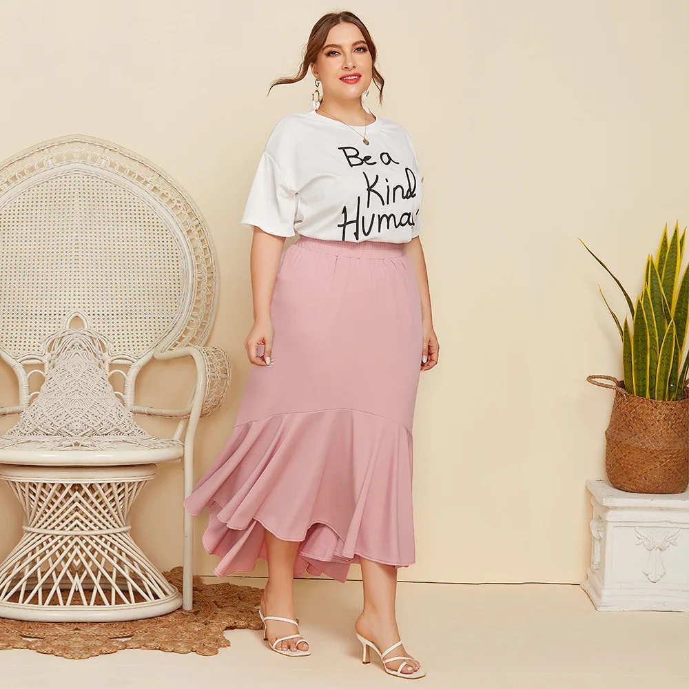 Plus Size Two Piece Set Women Short Sleeved Letter Printed T Shirt Top Solid Color Loose Pleated Skirt Casual  Skirt Suits