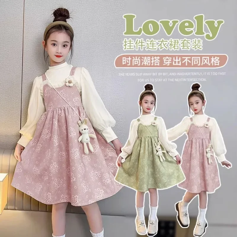 

2-14 Years Old Girl Long Sleeve T-shirt Suspender Skirt Spring and Autumn Two Piece Set Cute Fashion Style Rabbit Pannier Bag