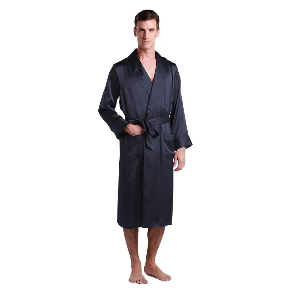 100% Real Silk Robe Sleepwear 22 Momme Mulberry Silk Long Nightgown Men's Luxury Natural Long Length Lapel Collar Pyjamas