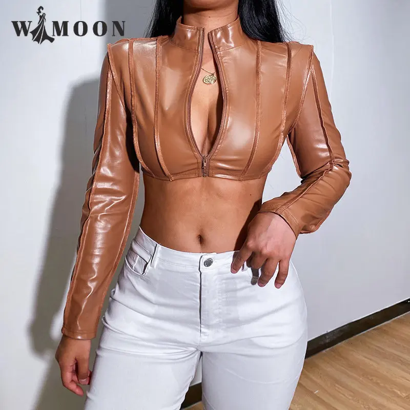 Long Sleeve Tide Short Coat  Women Autumn Winter New Ultra Short Zipper Leather Coat Sexy Club Bodycon Party Leather Jacket