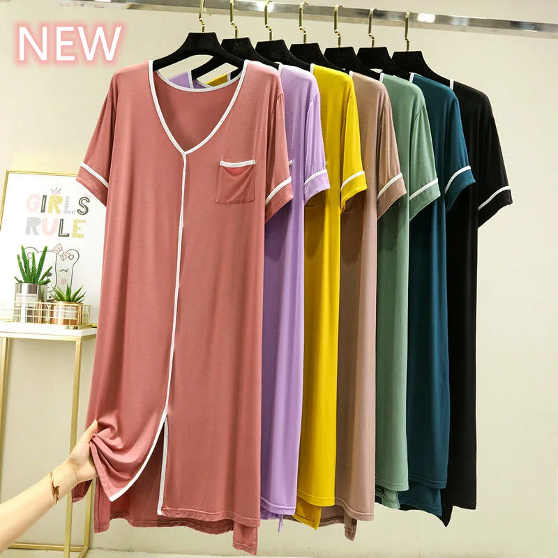 Summer Casual Dress For Women Elastic Nightdress Women's Modal V-Neck Short Sleeve Pocket Nightwear Fashion Home Clothes