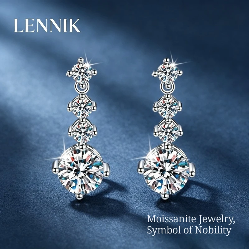 Фото Серьги-гвоздики LENNIK с мозамбикским бриллиантом, серебро 925 пробы, классические, с четырьмя крапанами, простые, элегантные, трансграничные украшения №1