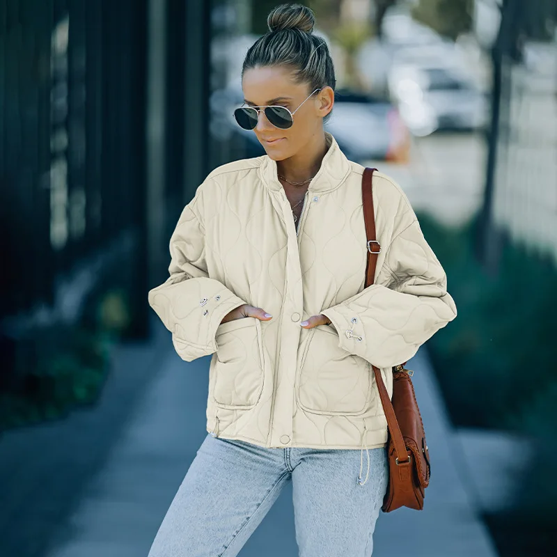 2022 Women's Clothing Solid Color Cotton Clothing Female Winter New Zipper Stand-Up Collar Pocket Jacket Tops Female