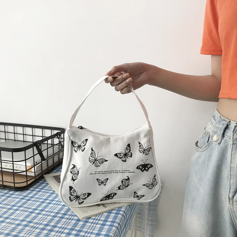 Spring Women Small Handbag Butterfly Print Canvas Tote Ladies' Fashion Underarm Bag Zipper Half Moon Bags Cotton Cloth Purse | Багаж и