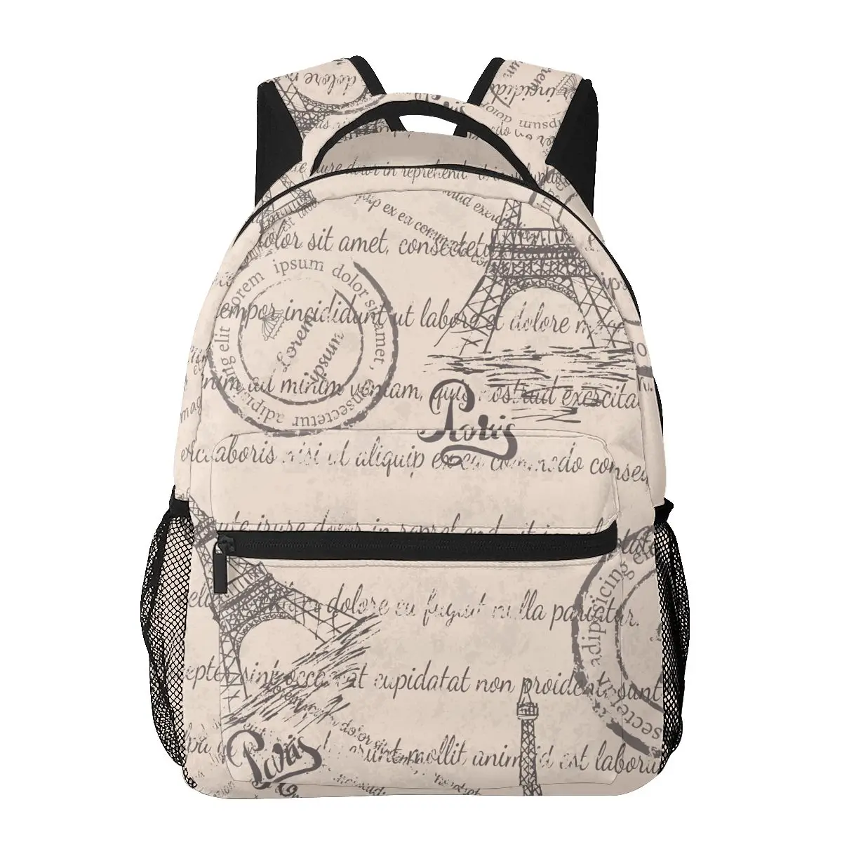 

Vintage Eiffel Tower Lettering Paris Stamps Backpack Women Men Large Capacity Backpack Outdoor Travel Bag Casual Backpack