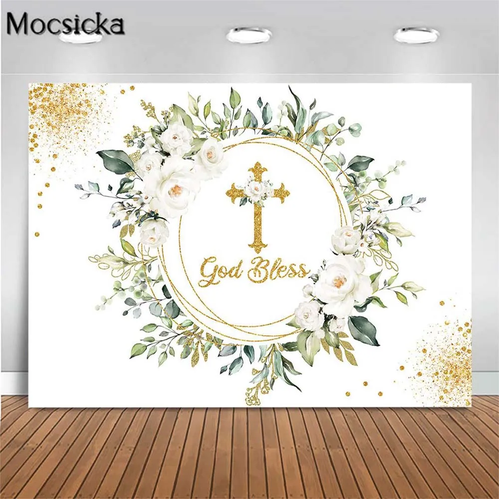 

Mocsicka Baptism Backdrop White Flowers My First Communion Photo Background Golden Cross God Bless Photography Background Decor