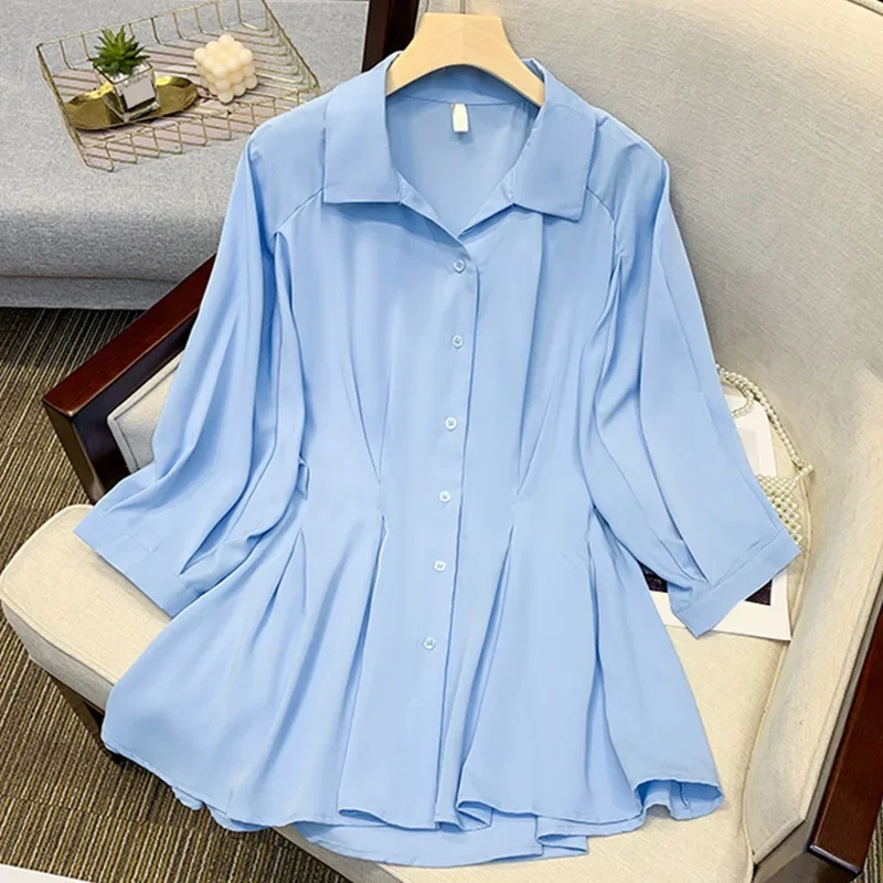 Blaue отложной топ с отложным воротником läfrühling Sommer Neue Blusen WERF