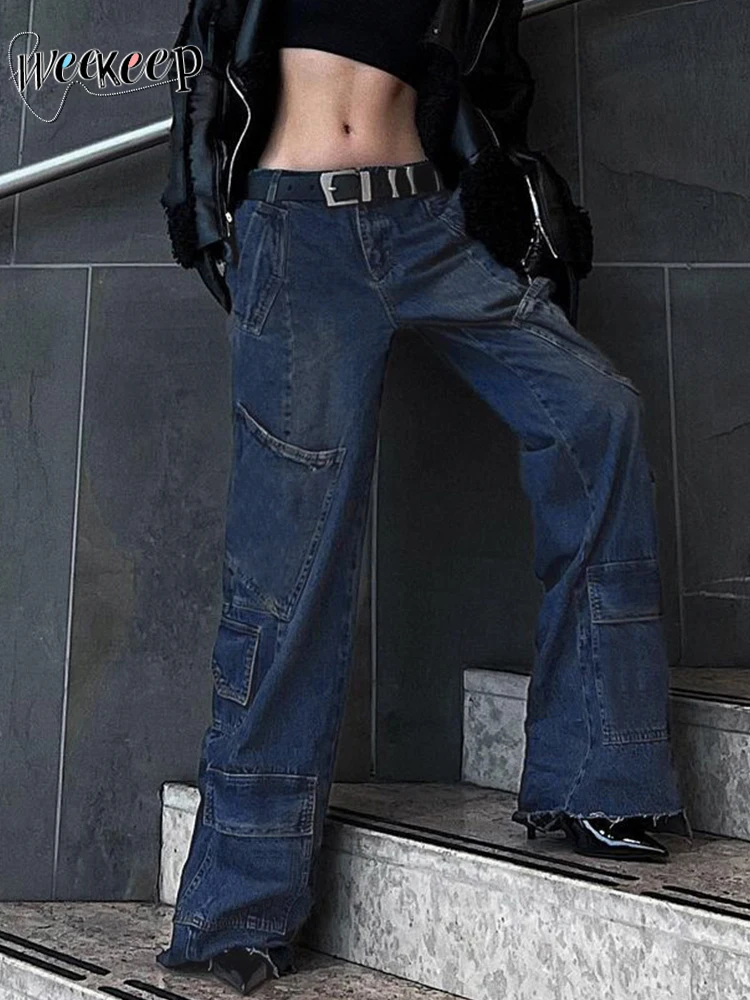 

Weekeep y2k уличная одежда с несколькими карманами джинсы мешковатые с низкой посадкой Широкие джинсовые брюки карго шикарные модные корейские женские брюки Harajuku