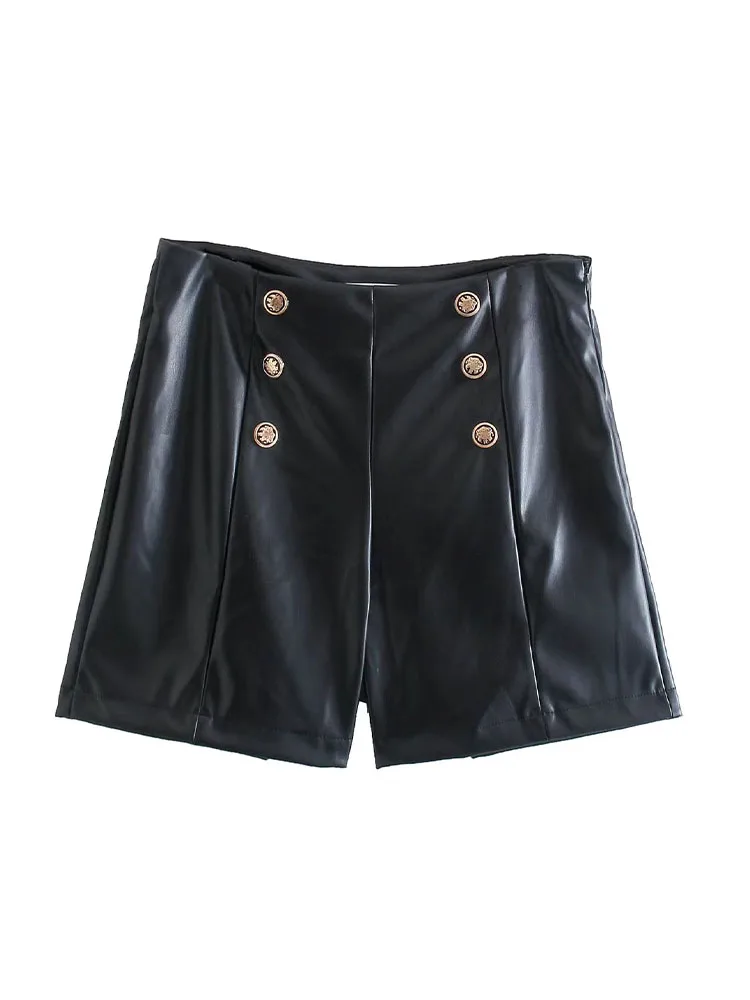 

PB&ZA Women 2022 New Chic Fashion Button Decorate Imitation Leather Leisure Pants High Waist Female Short Pants Pantalones Mujer