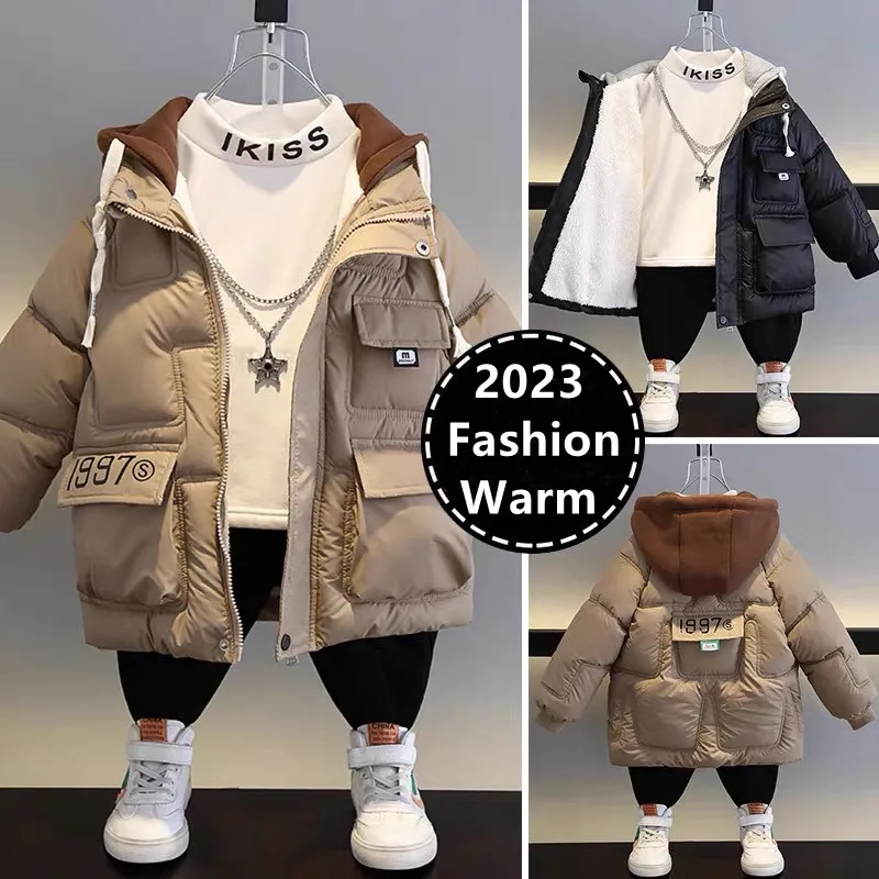 

Children Down Cotton Jacket Boys Plush and Thick Winter Coats 2023 New Children Warm Zipper Hooded Costume Korean Clothes