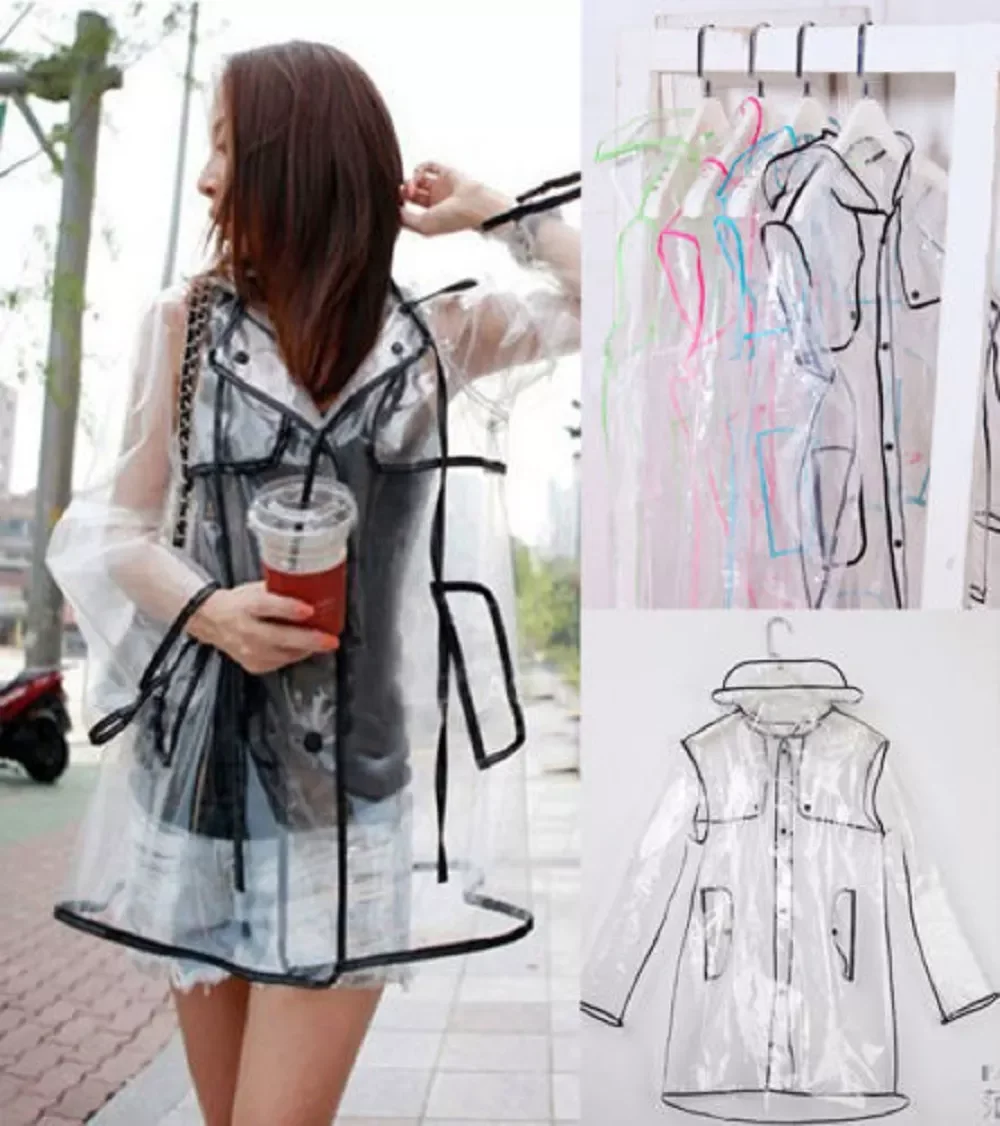 

2022New Vinyl Raincoat Runway Style Womens Girls Clear Fashion Rain Coat