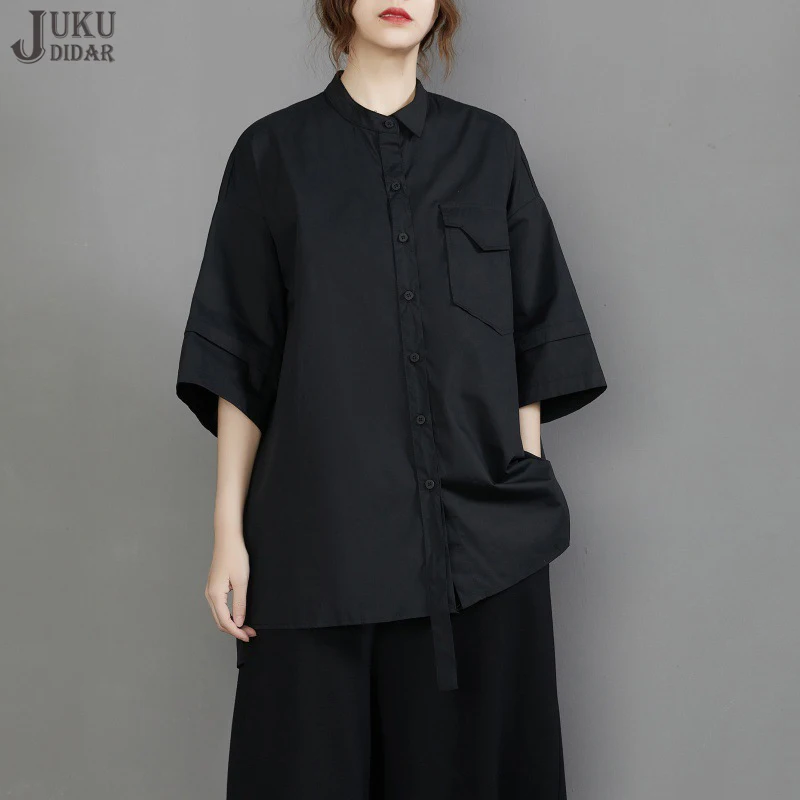 

Half Sleeve Loose Fit Casual Wear Big Size Solid Black White Blouses Korean Style Oversized Holiday Streetstyle Shirt JJXS010