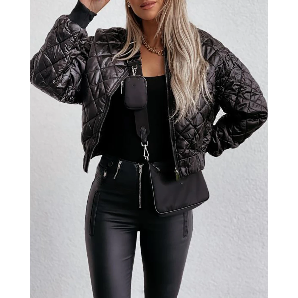 Women Quilted Long Sleeve Zipper Design Puffer Jacket Lady Casual Outwear Baseball Coats Fall Winter Streetwear y2k Clothes