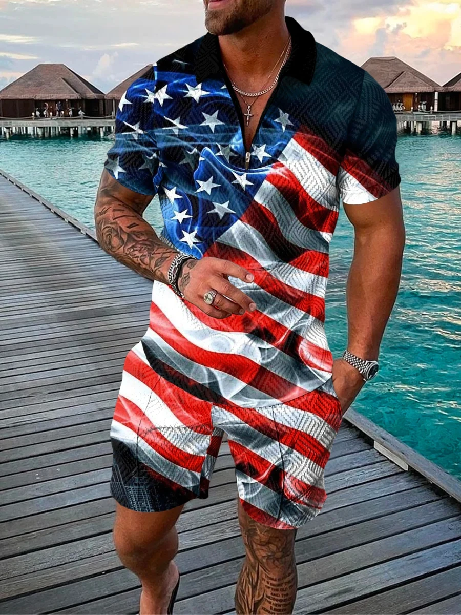 Luxury Summer Men's Polo Set Retro US Flag 3D Printed Sportswear Casual Fashion Men's Oversized Polo T-shirts shorts Suit