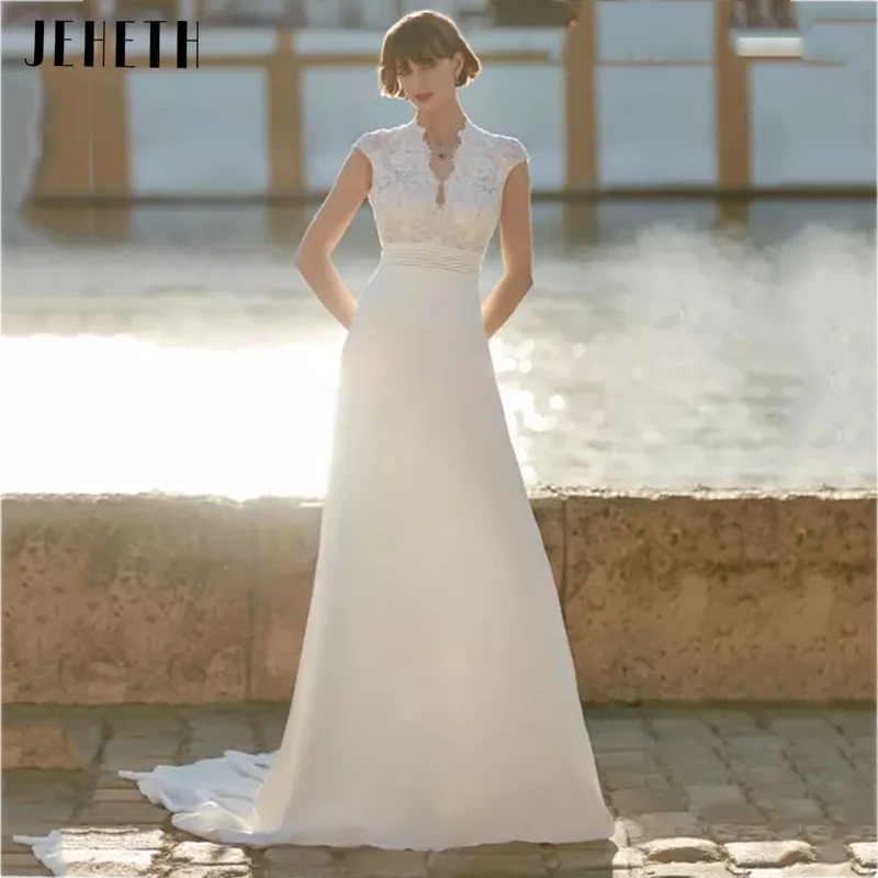 

JEHETH Boho A-Line Wedding Dress Charming Backless Lace Appliques Bridal Gown Classic Short Sleeve Satin Beach vestidos de noiva