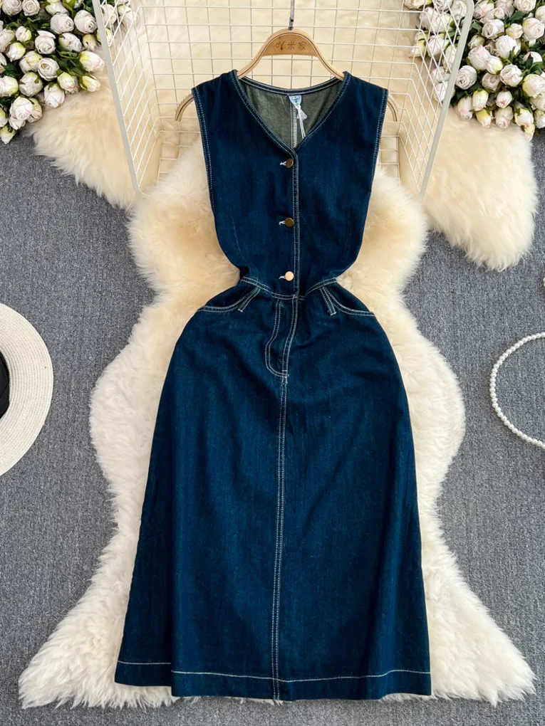 

Женское джинсовое платье Foamlina, синее винтажное ТРАПЕЦИЕВИДНОЕ ПЛАТЬЕ средней длины на пуговицах без рукавов с V-образным вырезом, весна-лето