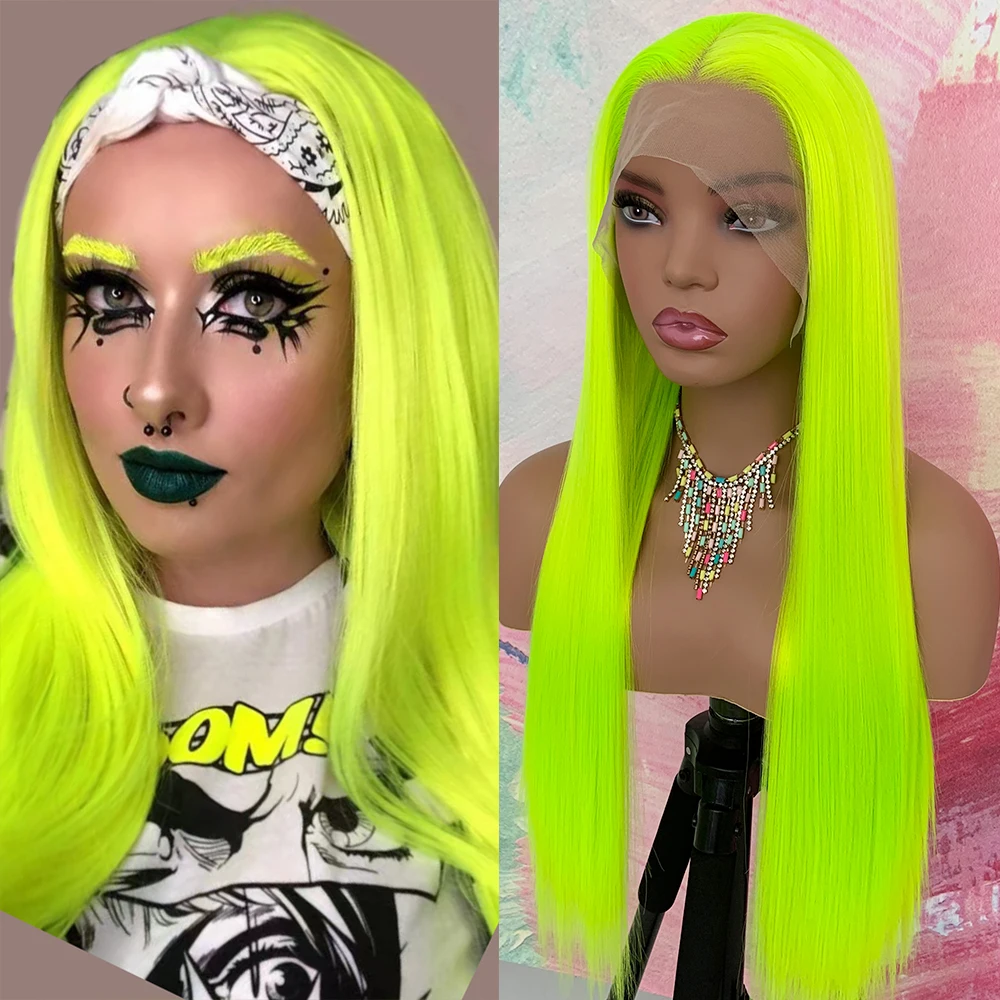 Синтетические флуоресцентно-зеленые длинные прямые парики NoEnName_Null
