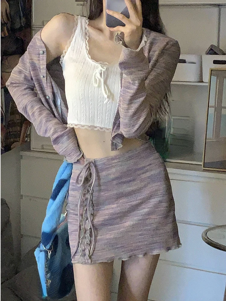 

3 Piece Dress Set Woan Solid Lace Crop Tops + Long Sleeve Casual Rainbow Cardigan + Short Skirt Suit Autun