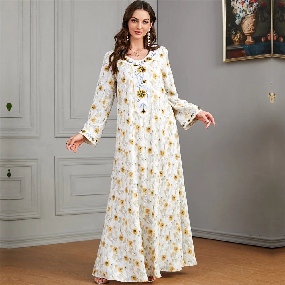 

Abayas for Flower Print Elegant Muslim Women Casual Maxi Dress Eid Party Ramadan Dubai Arabic Party Gown Kaftan Moroccan Jilbab