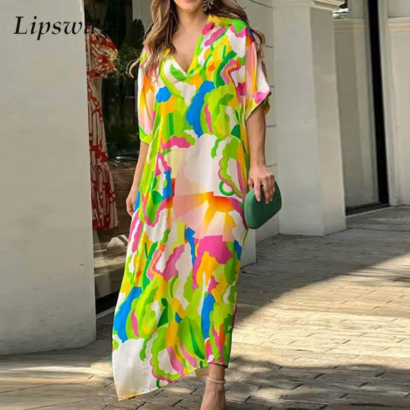 

Повседневное женское платье для отдыха, пляжа, летнее прямое платье-футболка с принтом и коротким рукавом, модное женское Свободное длинное платье с V-образным вырезом