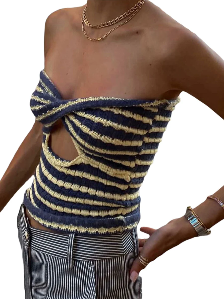 Женский трикотажный топ в полоску без бретелек с открытыми плечами