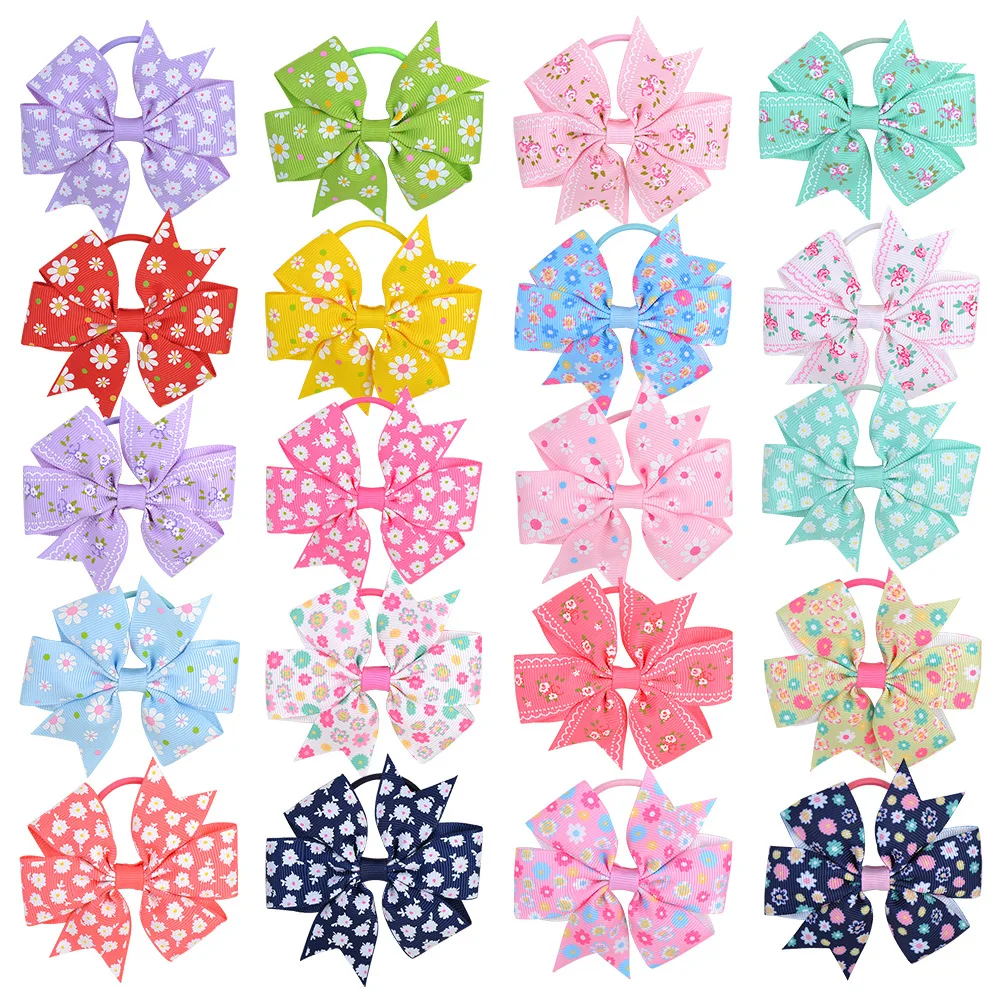 

20 Colors Printed Flower Hair Bows With Clip Ribbed Scrunchies Hair Clip Hairgrips Barrettes Hair Accessories For Girl Wholesale