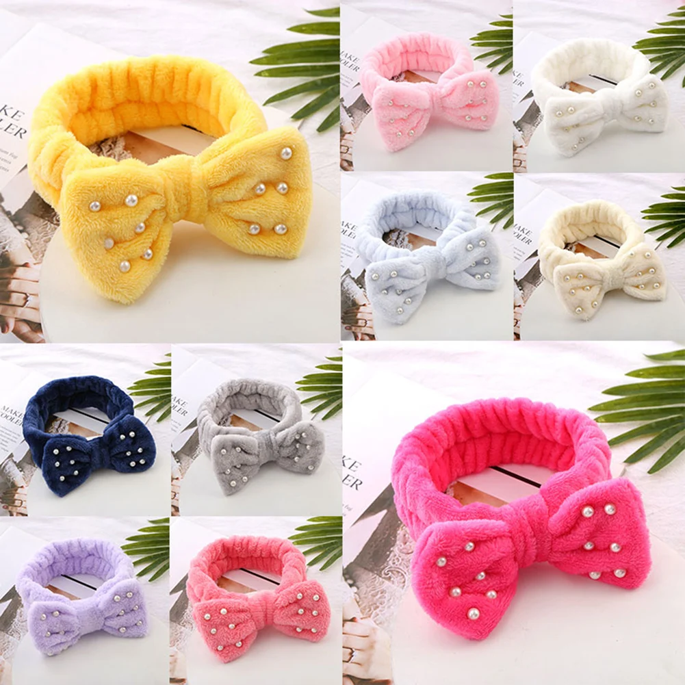 

New Soft Elastic Hair Bands Makeup Hair Accessories Plush Pearl Headband Bow Hairbands Cross Top Coral Fleece Pearl Headband