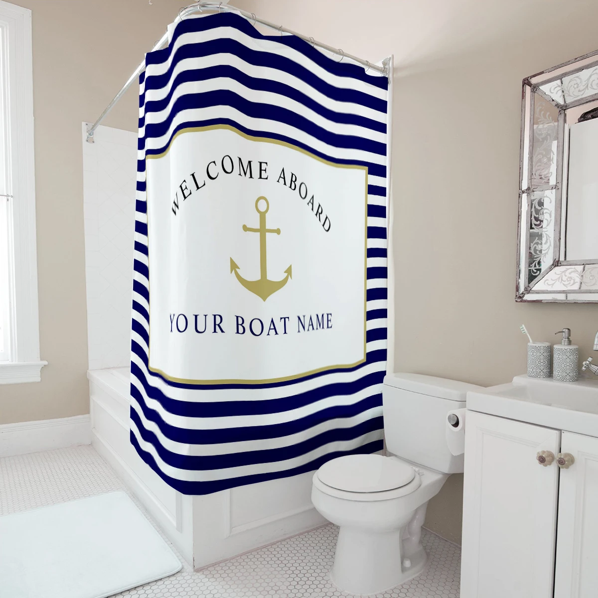 

Персонализированная Водонепроницаемая душевая занавеска с морским якорем и именем лодки, дизайнерский Декор для ванной комнаты, домашние аксессуары, занавеска для ванной комнаты