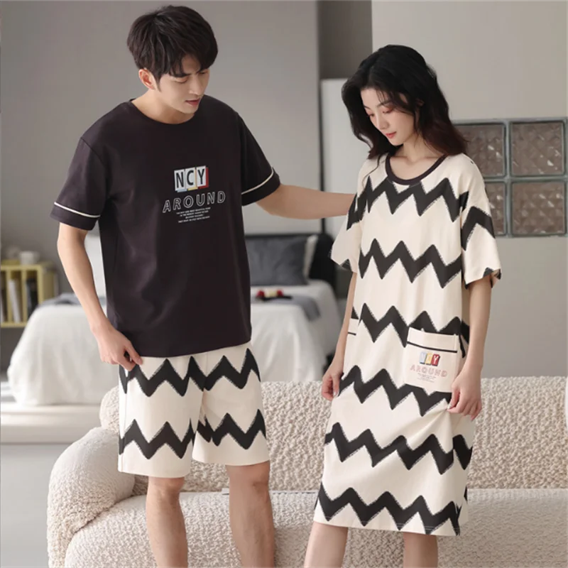 Couple Pajamas Summer Thin Cotton Gradient Nightdress Women's Loose Men's Short-Sleeved Shorts Plus Size Home Wear