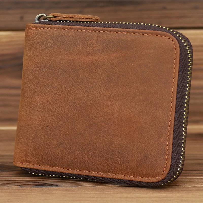 Men's Small Wallet Luxury Vintage Genuine Leather RFID Short Purses for Man with Coin Pocket Card Holder Zipper Around Wallets