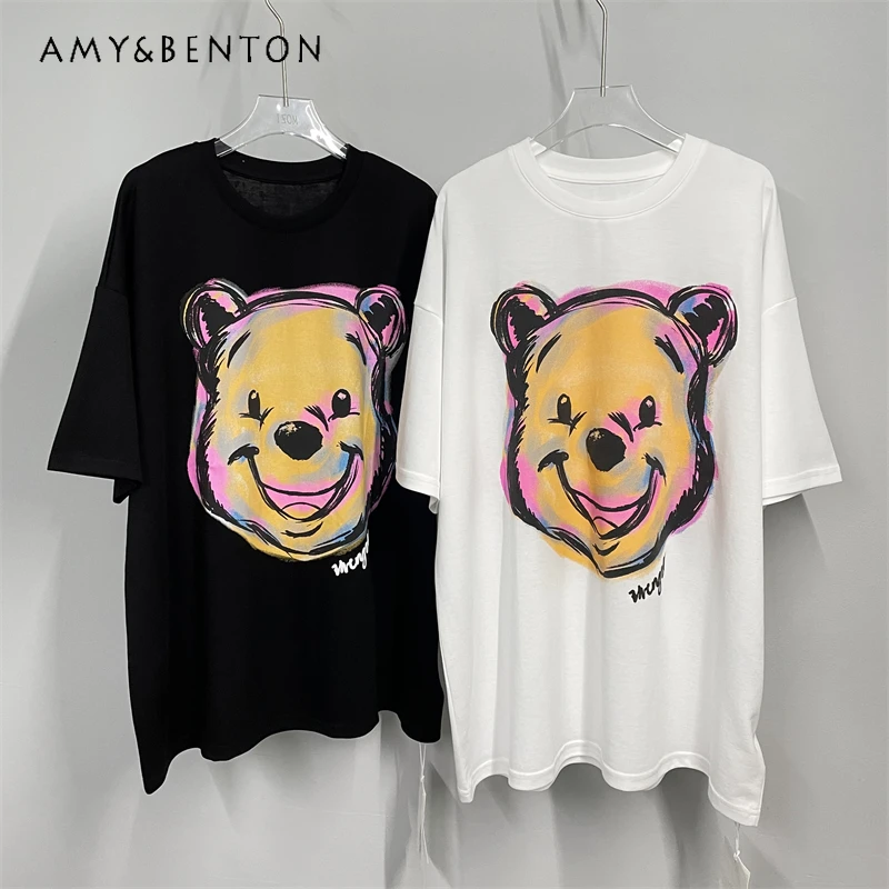 

Summer 2023 Cartoon Cotton Short-Sleeved T-shirt Women's Plump Girls Loose Mid-Length Top European Style Oversize Tees Pullovers