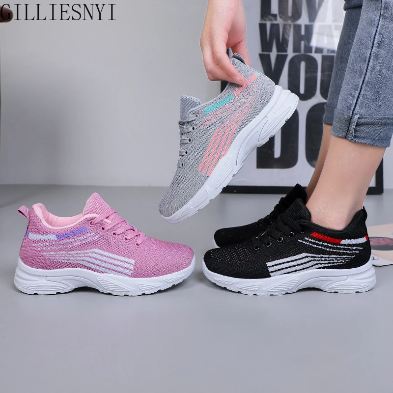 

2022 Women Sport Shoes Fashion Running Shoes Weave Air Mesh Women's Sneakers Black Non Slip Breathable Jogging Female Footwear
