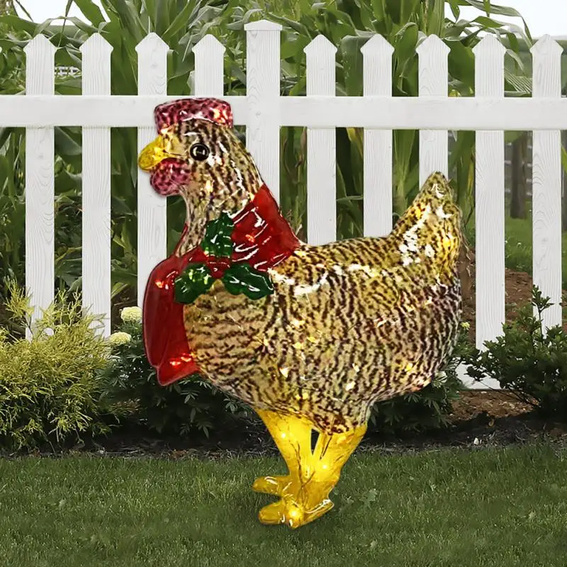 

Christmas Chicken Ornaments With LEDs Light-Up Chicken With Scarf Holiday Decoration For Garden Ground Lawn Outdoor Decorations