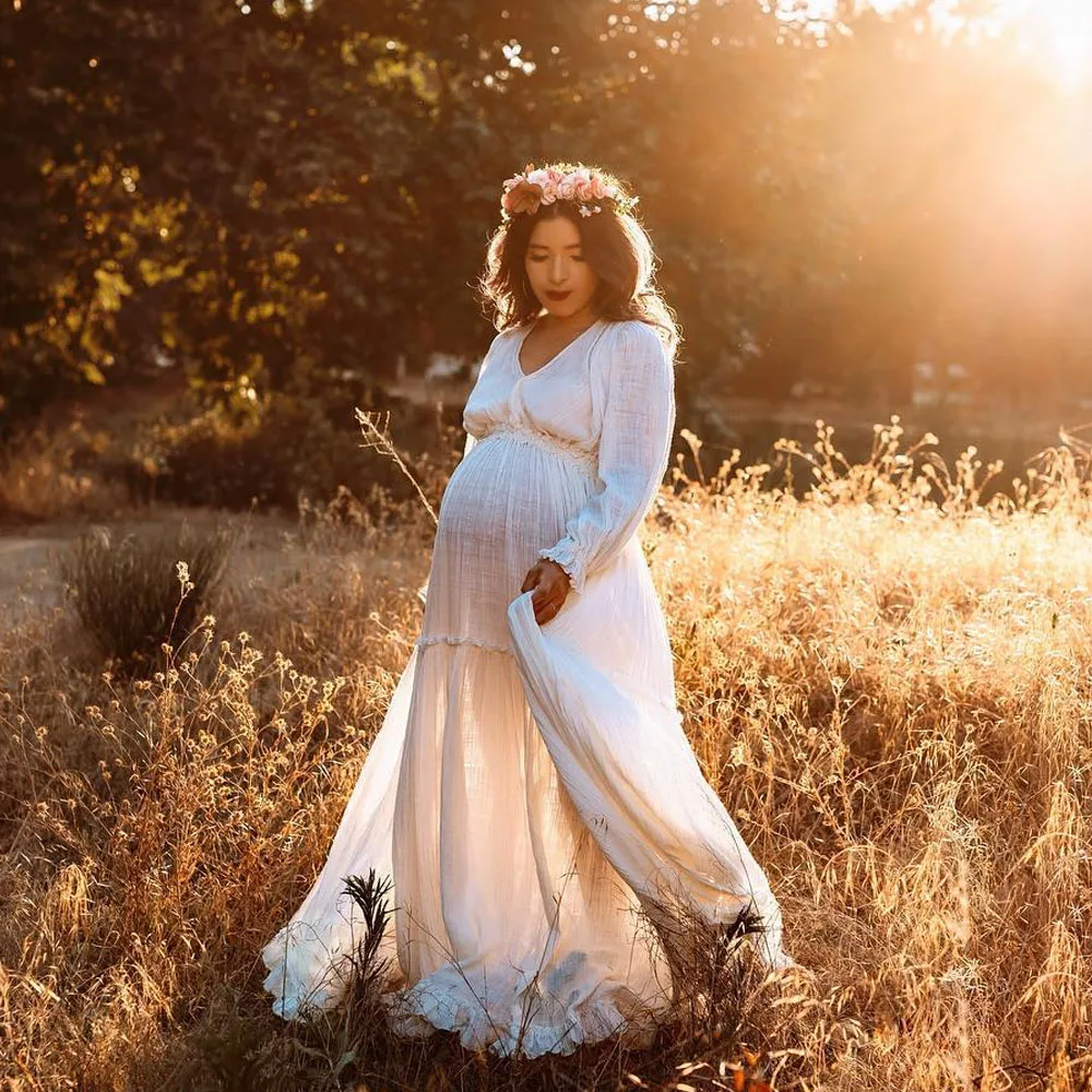 Платье для фотосъемки женщин удобное льняное Хлопковое платье с длинным рукавом