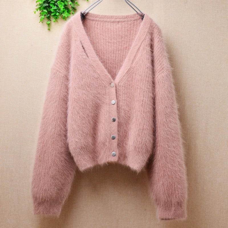 

Ladies Women Fall Winter Clothing Hairy Angora Rabbit Hair Knitwear Long Lantern Sleeve V-Neck Slim Cardigan Jacket Coat Sweater