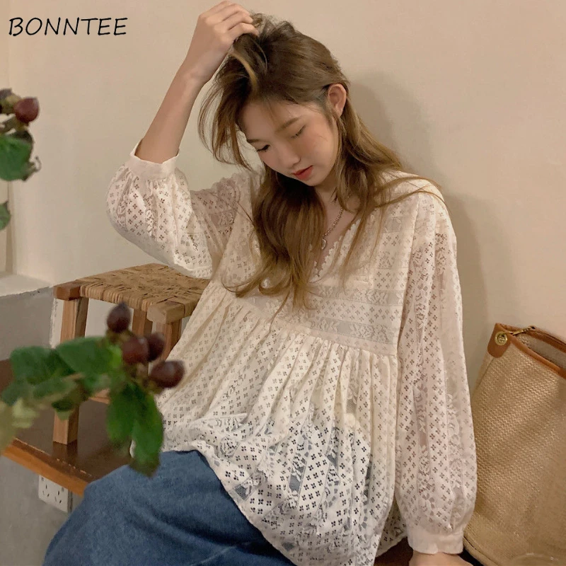 

Blouses Women Basic Design Hollow Out French Style Simple Sweet Loose Chic All-match Students Retro Stylish Leisure Daily Thin