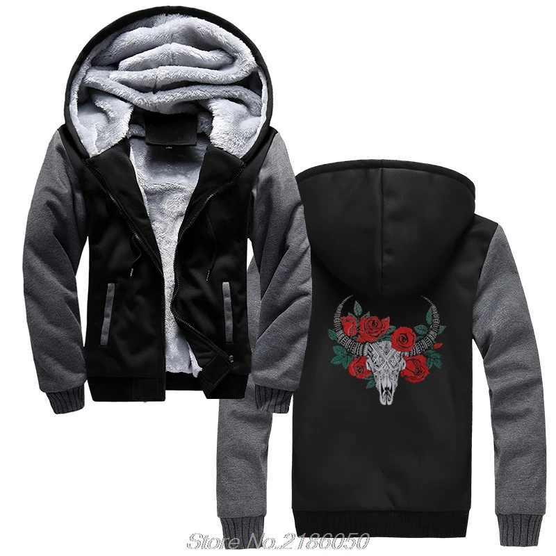 

Buffalo Skull & Roses Watercolor Hoodies Print Buffalo Skull Men's Coat Thicken Zipper Harajuku Sweatshirts