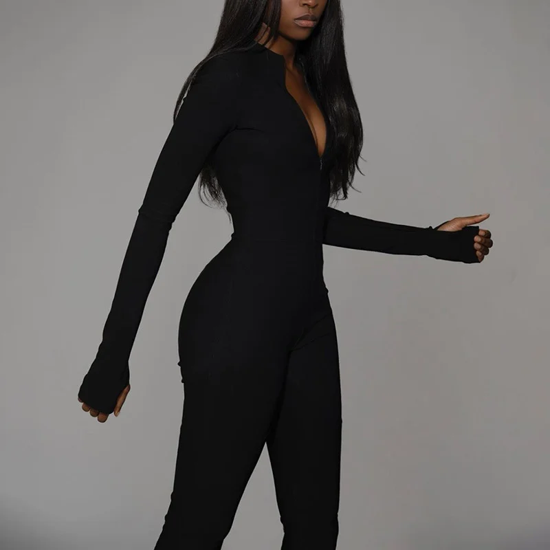 

2023 Women's Summer Jumpsuit Solid Long Sleeve Jumpsuit Black Gym Overalls Slim Sexy Outfit White Bodysuit High Waist Sporty Rom