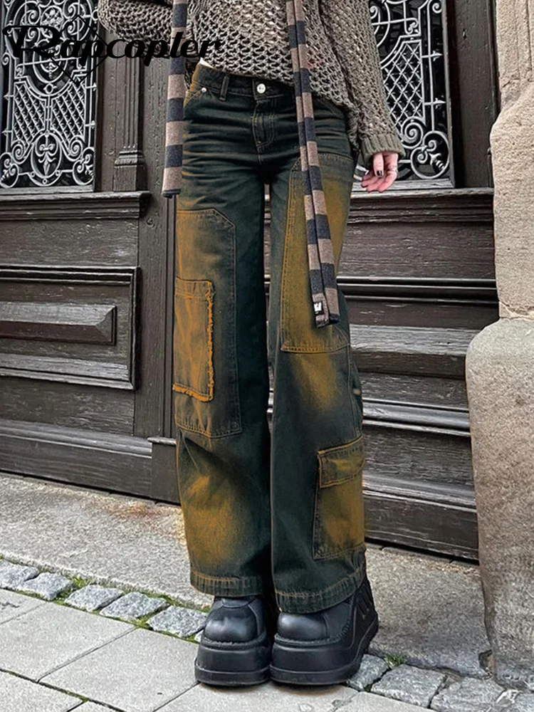 

Джинсы-карго y2k женские асимметричные, винтажные мешковатые брюки-багги с высокой талией, в Корейском стиле, повседневные в стиле Харадзюку 90-х