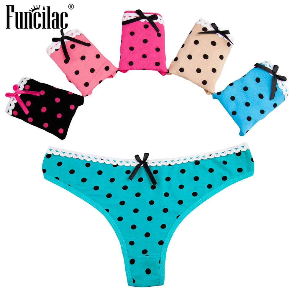 

FUNCILAC Women Sexy G-String Dot Thong Ladies Briefs Lingerie Knickers Fashion Panties Low Rise Underpants Underwear 5 Pcs/lot