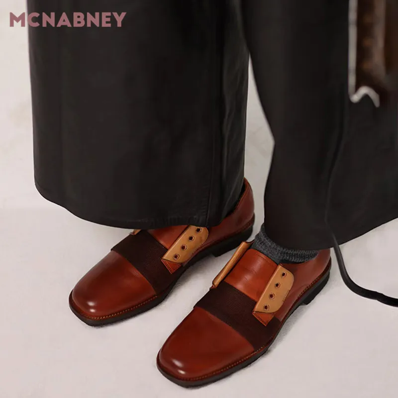 Fashionable Color-Blocking Retro Shoes Niche Design Square Toe British Style Leather Shoes New Fashion Retro Leather Shoes