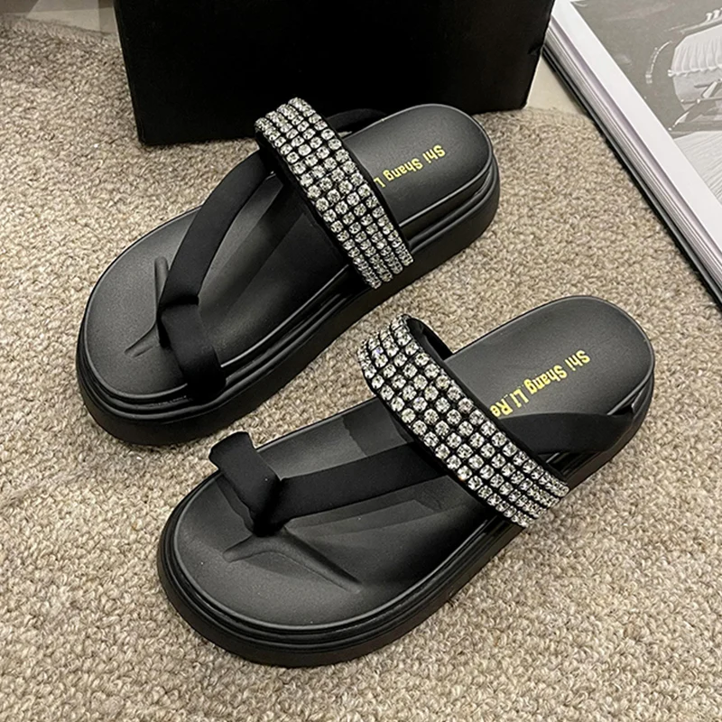 

Luxury Crystal Women Platform Slippers Fashion Flats Clip-toe Shoes Summer Casual Thick Sandals 2023 New Women Flip-flops Slides