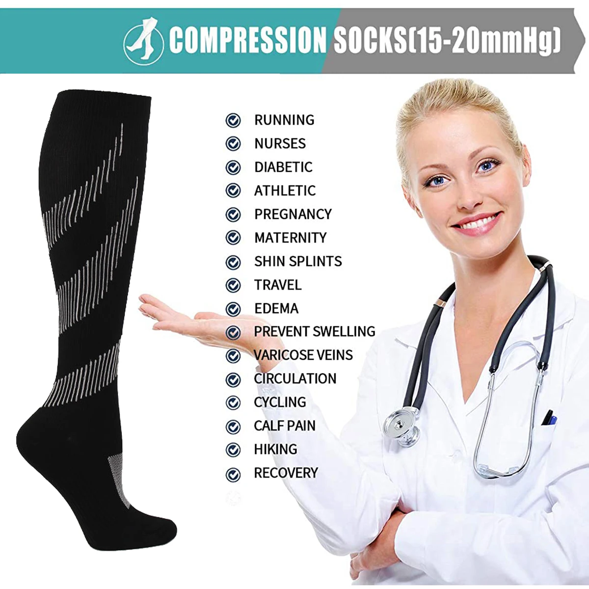 6 Pairs Compression Socks for Women Men Knee High Running Stocking 15-20 mmHg Nurse Medical and Travel Athletic Sports Socks